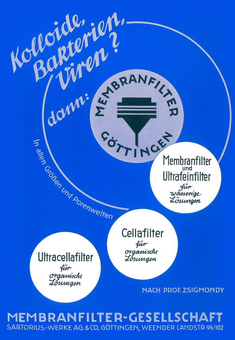 Leta 1950 je Membranfiltergesellschaft objavil oglas za membranske filtre. Logotip podjetja je bil porcelanasti filtrirni aparat, v katerega so bili nameščeni membranski filtri.